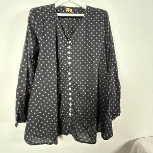 Tulip Womens Polka Dot  Button Front Tunic Top XL Cotton Long Sleeve Lightweight